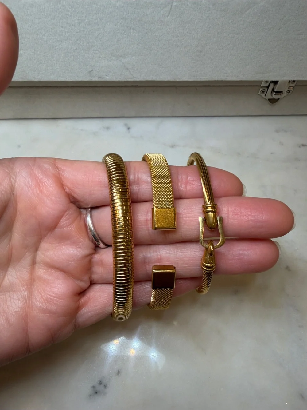 3pc Gold Bracelet Set Stretch Cable Adjustable Stainless Steel.